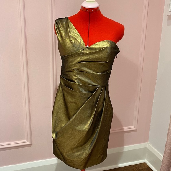 ROBERT RODRIGUEZ Gold Mini Dress, One Shoulder, Sleeveless, Cocktail, Size US 6 - Picture 2 of 14